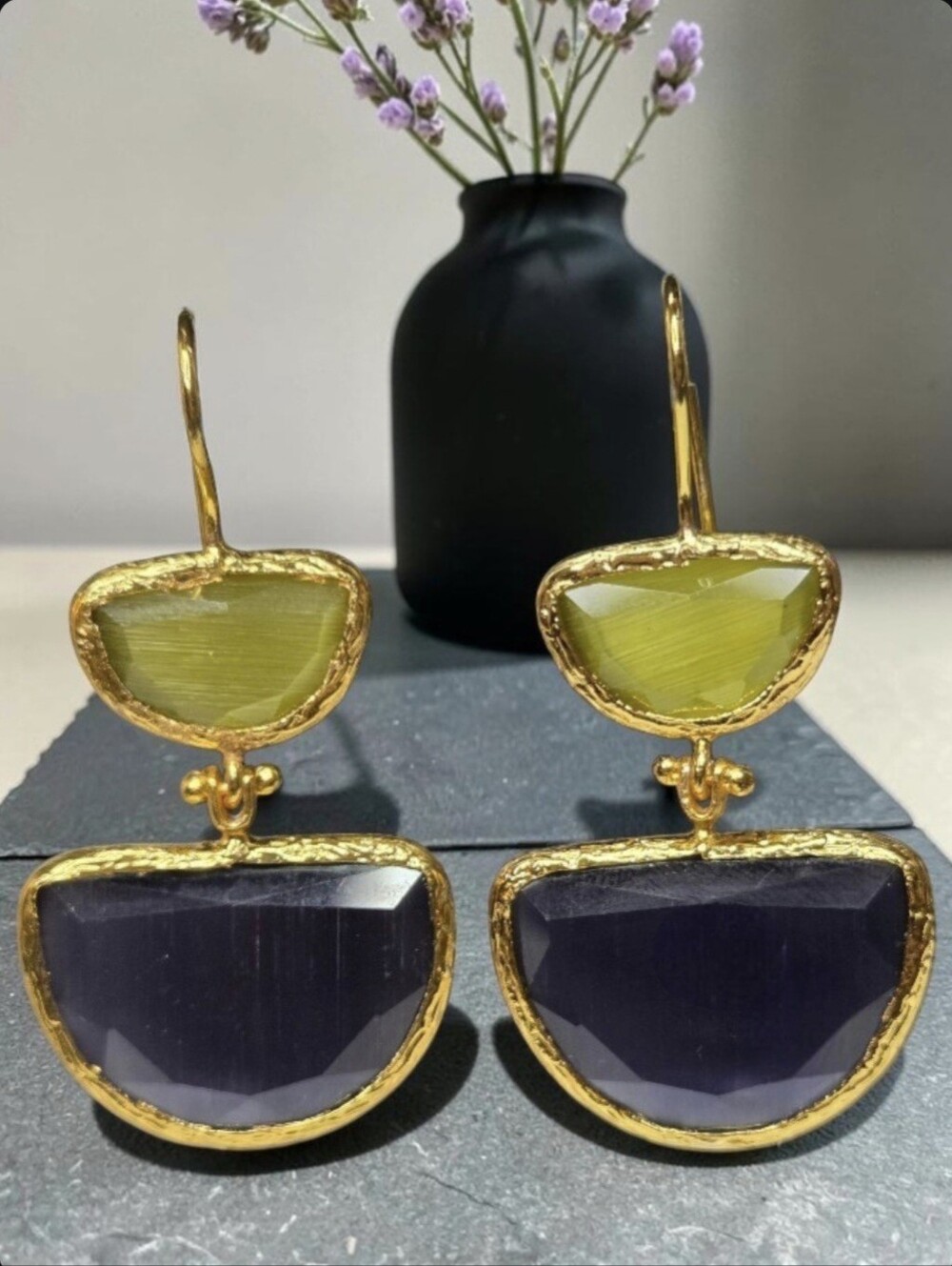 18k Gold Plated Amethyst Peridot Cats Eye Crystal Stone Geometric  Earrings